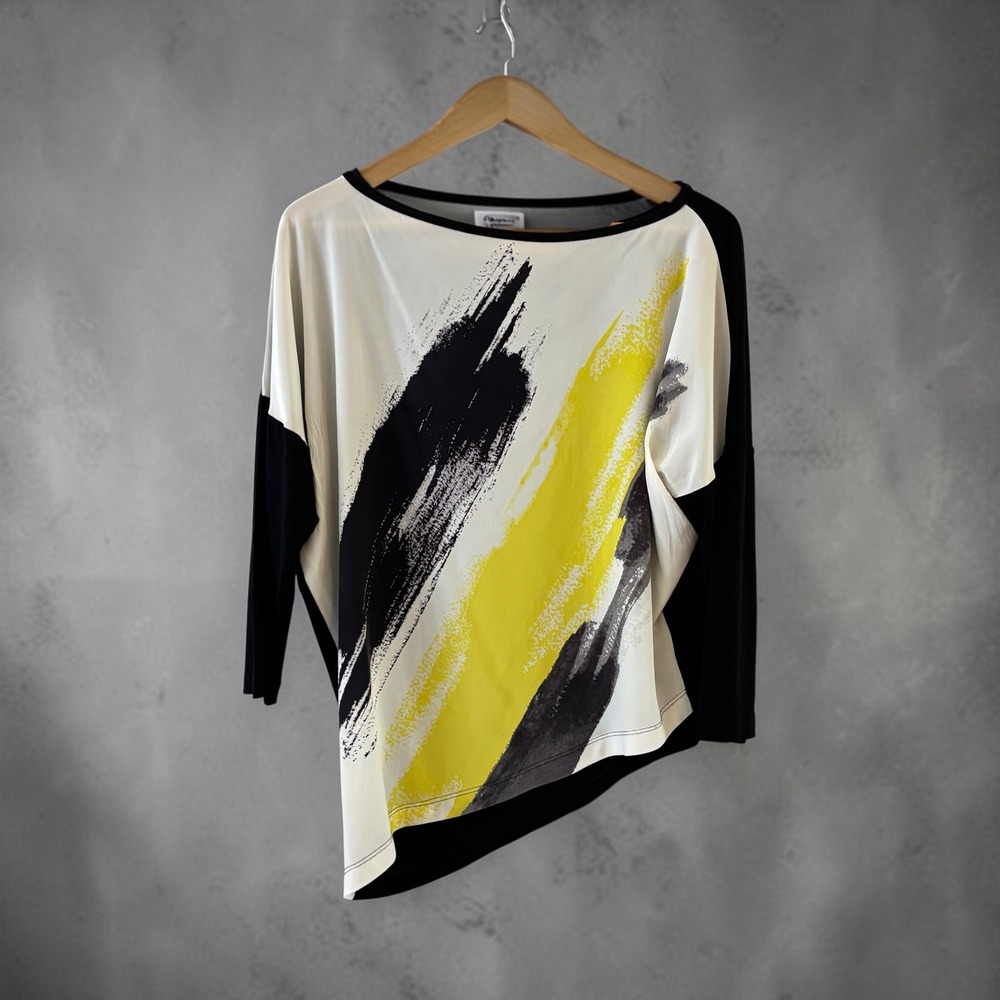 St. John Abstract Silk Tunic Top Womens M Black Yellow Art to Wear Avant Garde